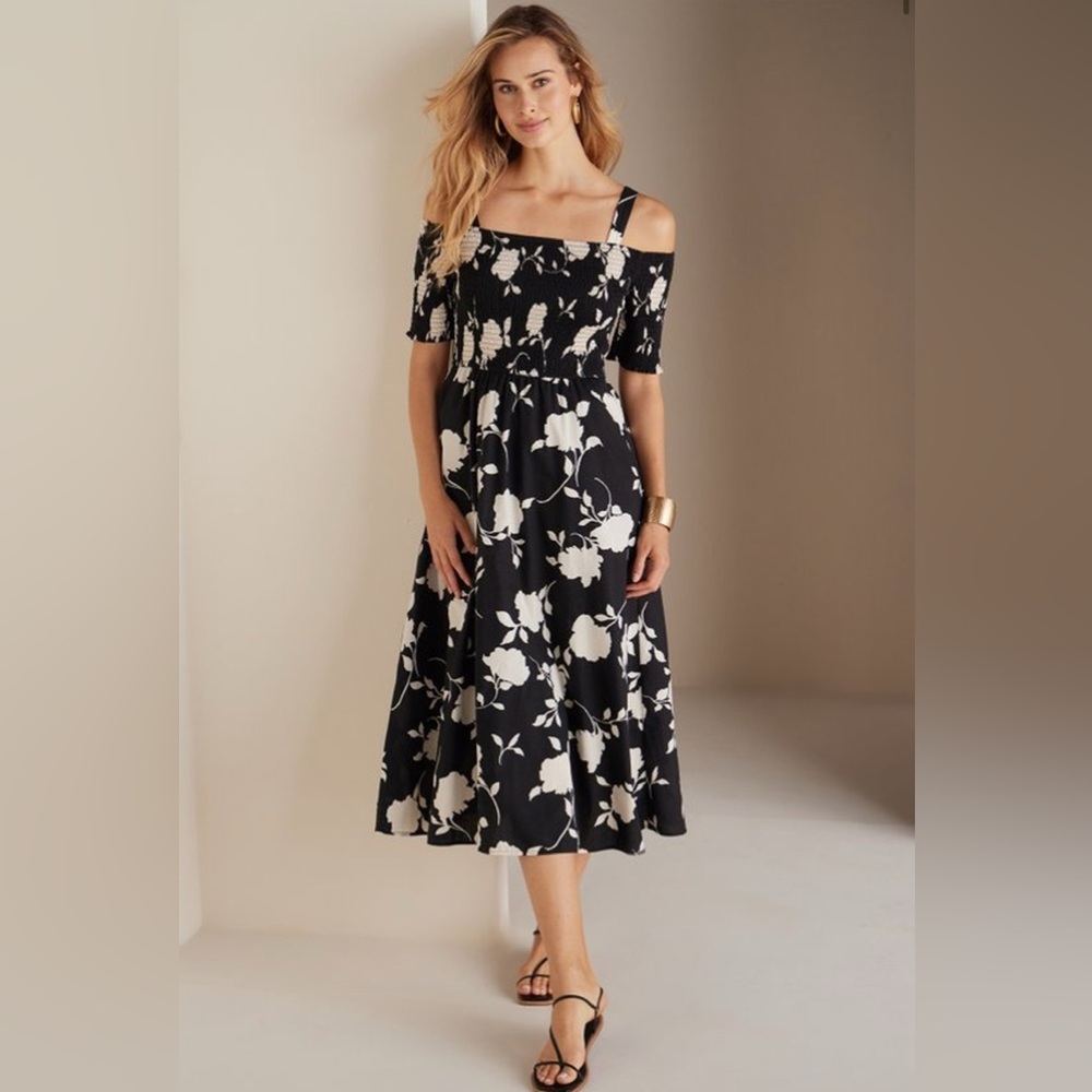 Soft Surroundings Divana Floral Midi Dress Off Shoulder Black White Size Medium